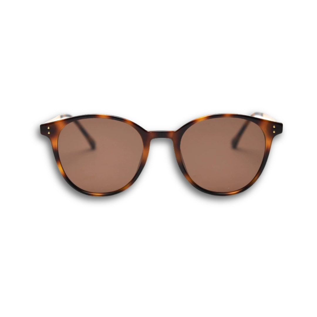 The Arden sunglasses in tortoiseshell, featuring round frames and Korean retro style, worn for a relaxed everyday look.