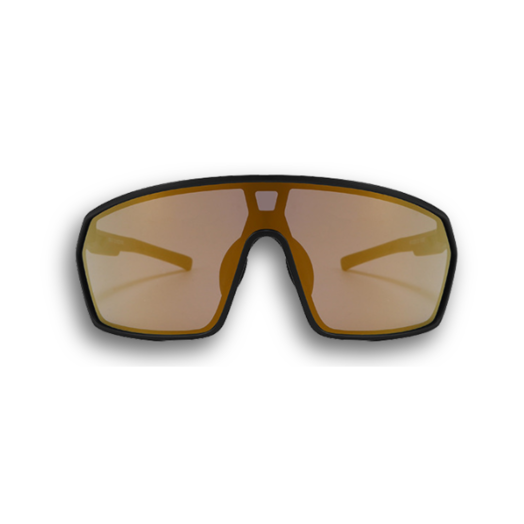 Activewear sunglasses: oversized frame with yellow-tinted lens for running and cycling.